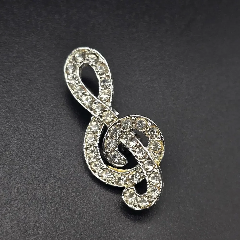 Rhinestone Treble Clef Brooch Music Note Vintage Costume Jewelry